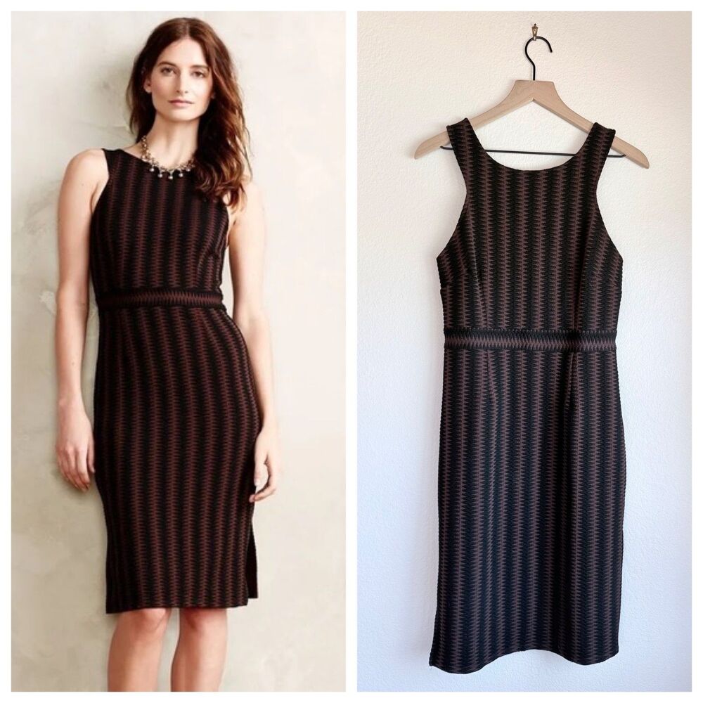 Anthropologie Maeve Meridian Chevron Knit Sheath Midi Dress Black Brown Sz M EUC